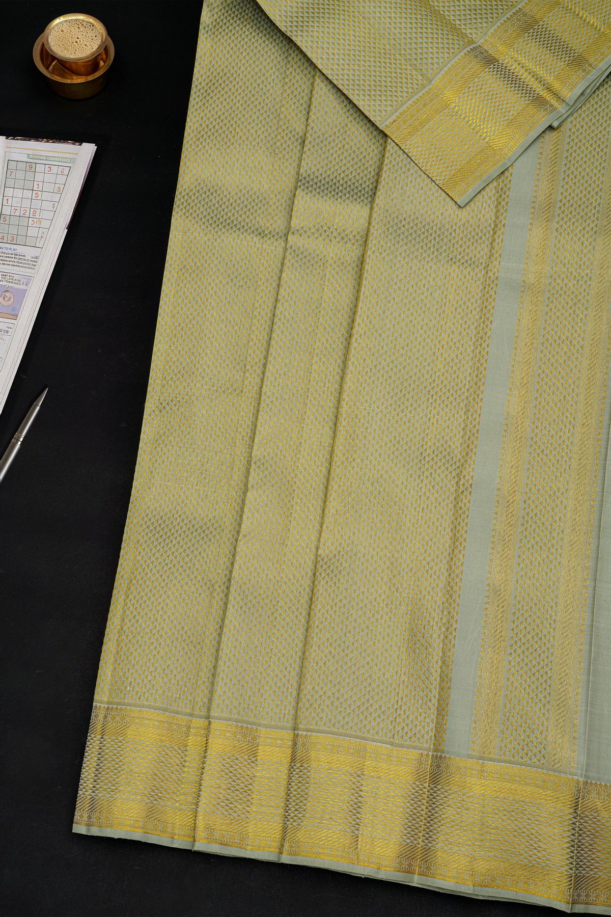 Kancheepuram Silk Off White Dhoti With Zari Buttis Border