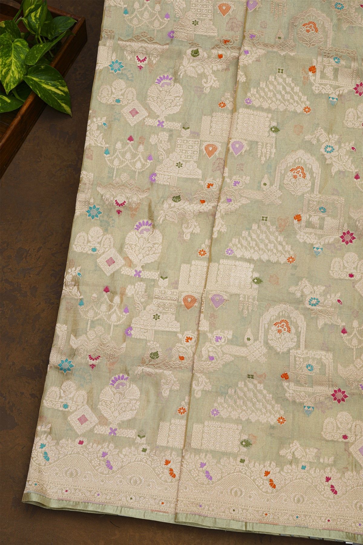 Banarasi Silk Elaichi Green Saree With Florals In Meenakari