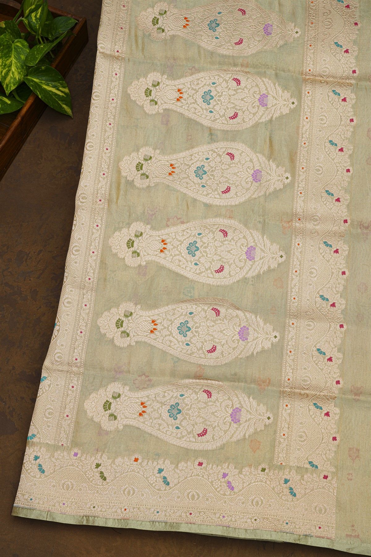 Banarasi Silk Elaichi Green Saree With Florals In Meenakari