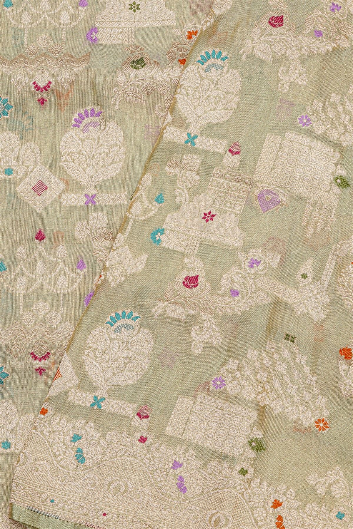 Banarasi Silk Elaichi Green Saree With Florals In Meenakari