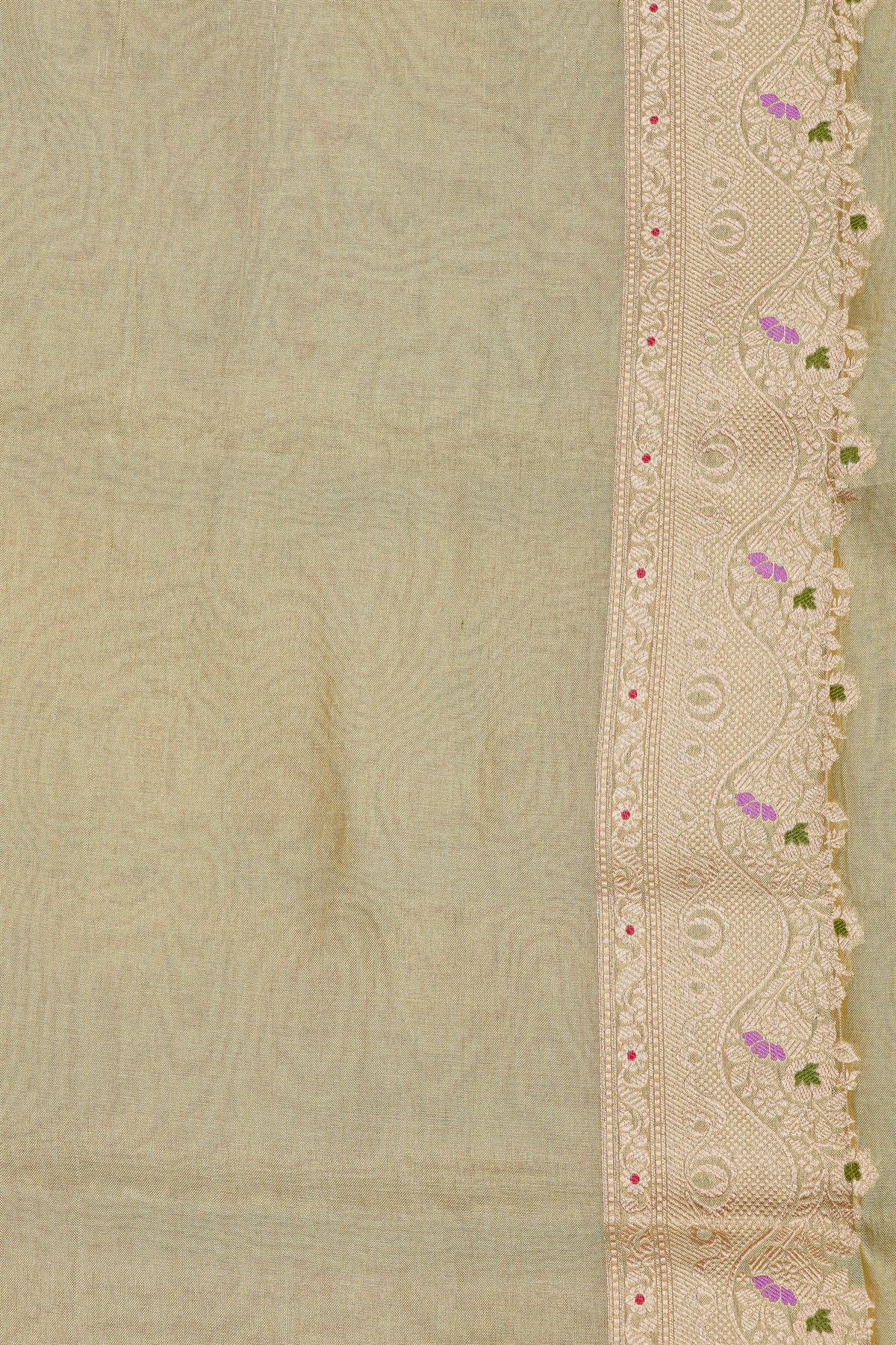 Banarasi Silk Elaichi Green Saree With Florals In Meenakari