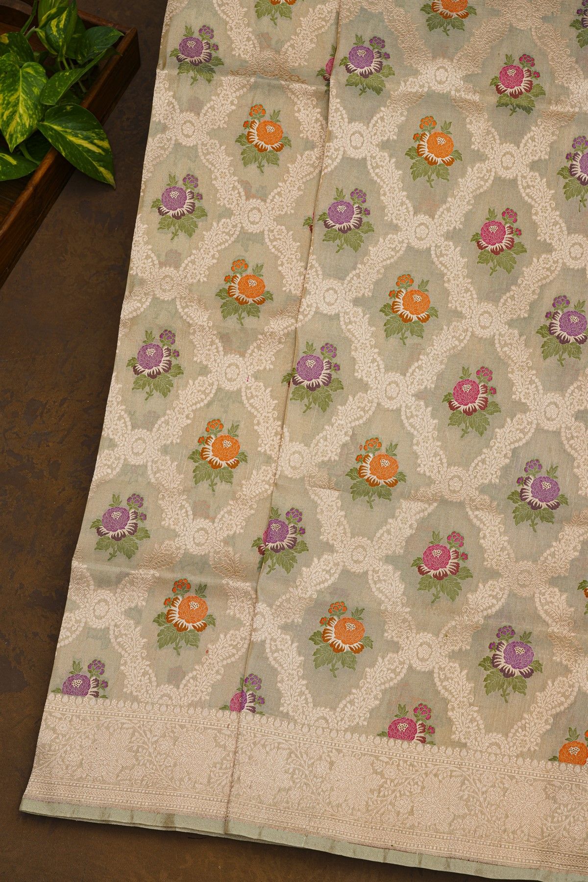 Banarasi Silk Elaichi Green Saree With Meenakari Florals Body