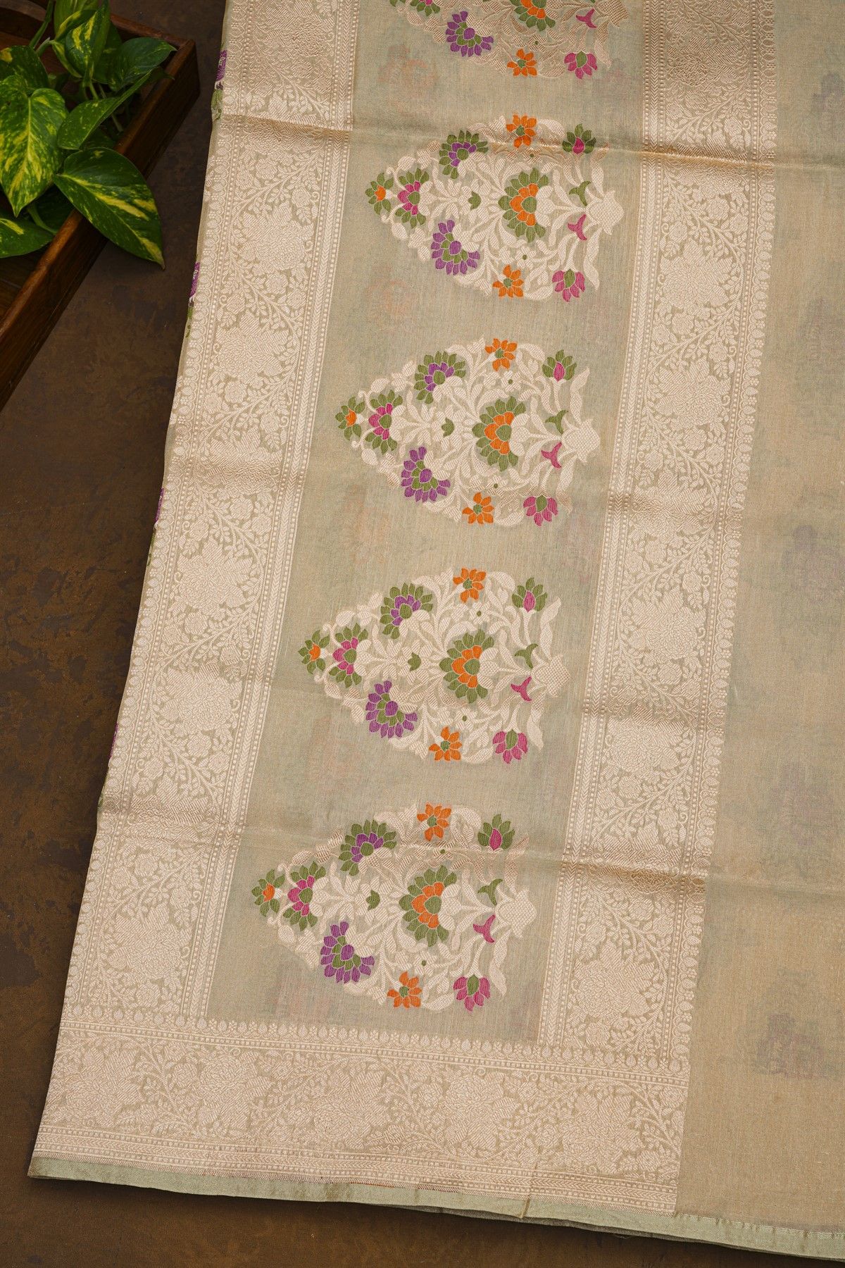 Banarasi Silk Elaichi Green Saree With Meenakari Florals Body