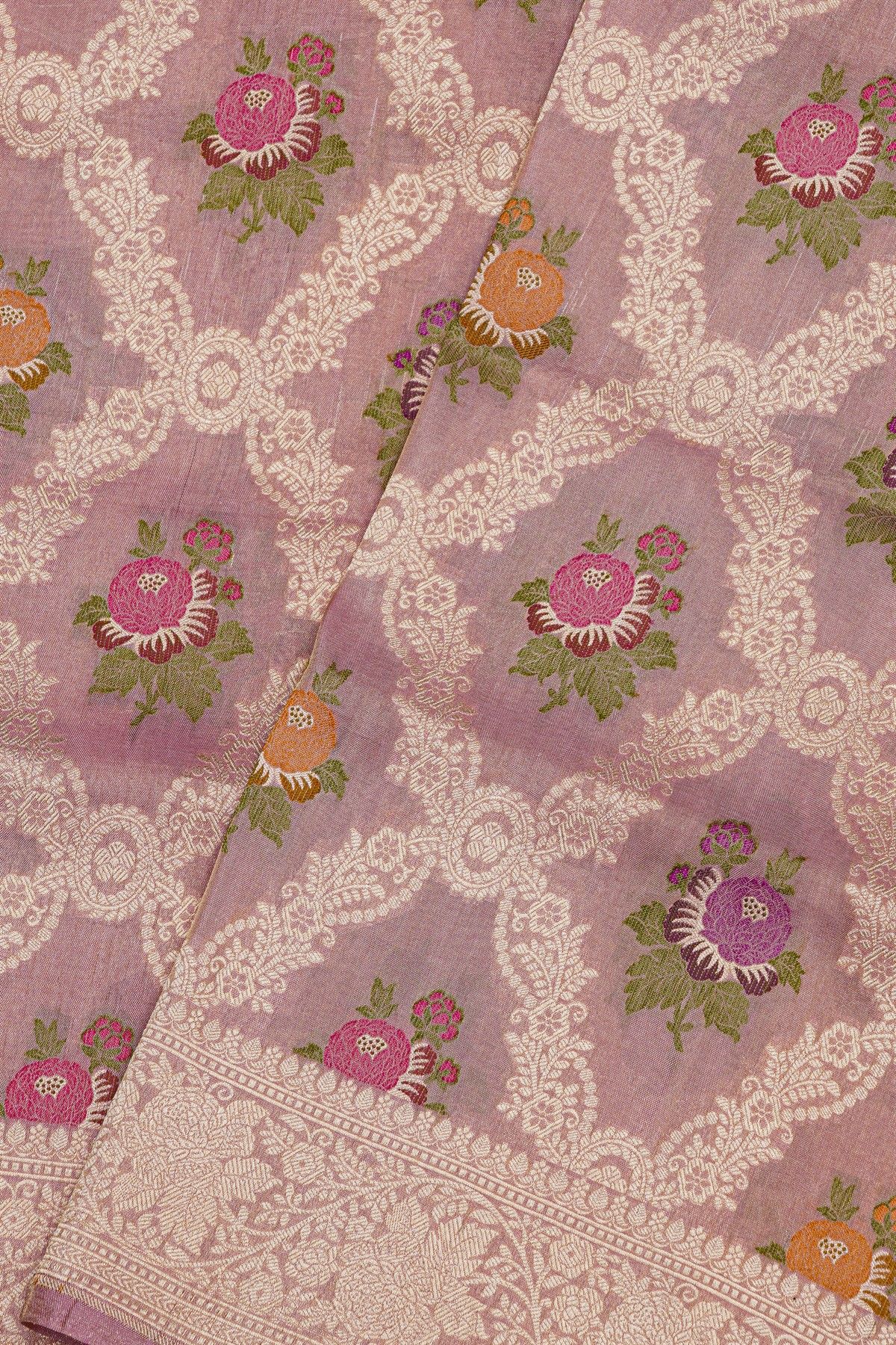 Banarasi Silk Onion Pink Saree With All Over Florals In Meenakari Weave