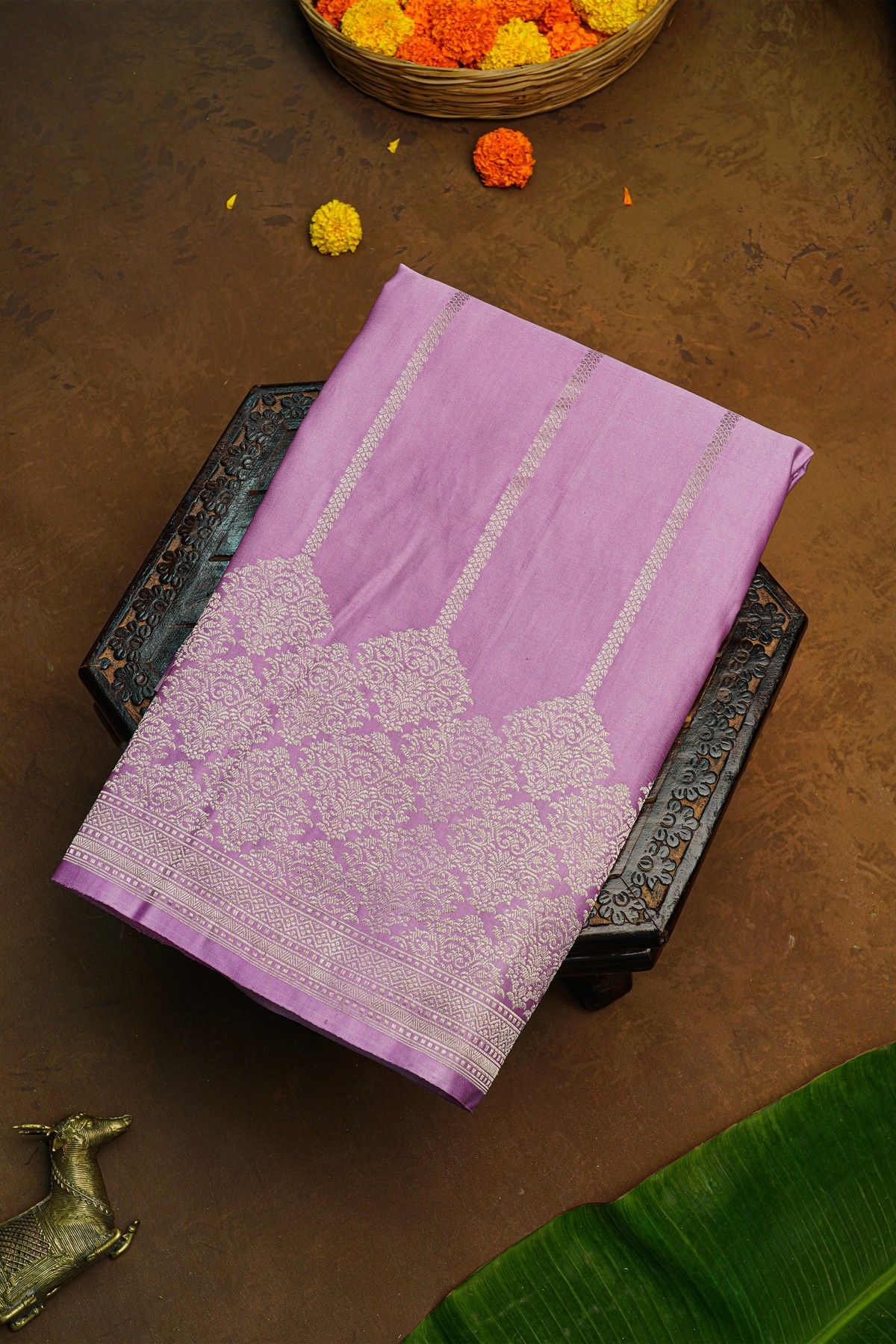 Banarasi Silk Lavender Saree With Zari Lines Body And Self Design Florals And Leaves With Diamonds Border