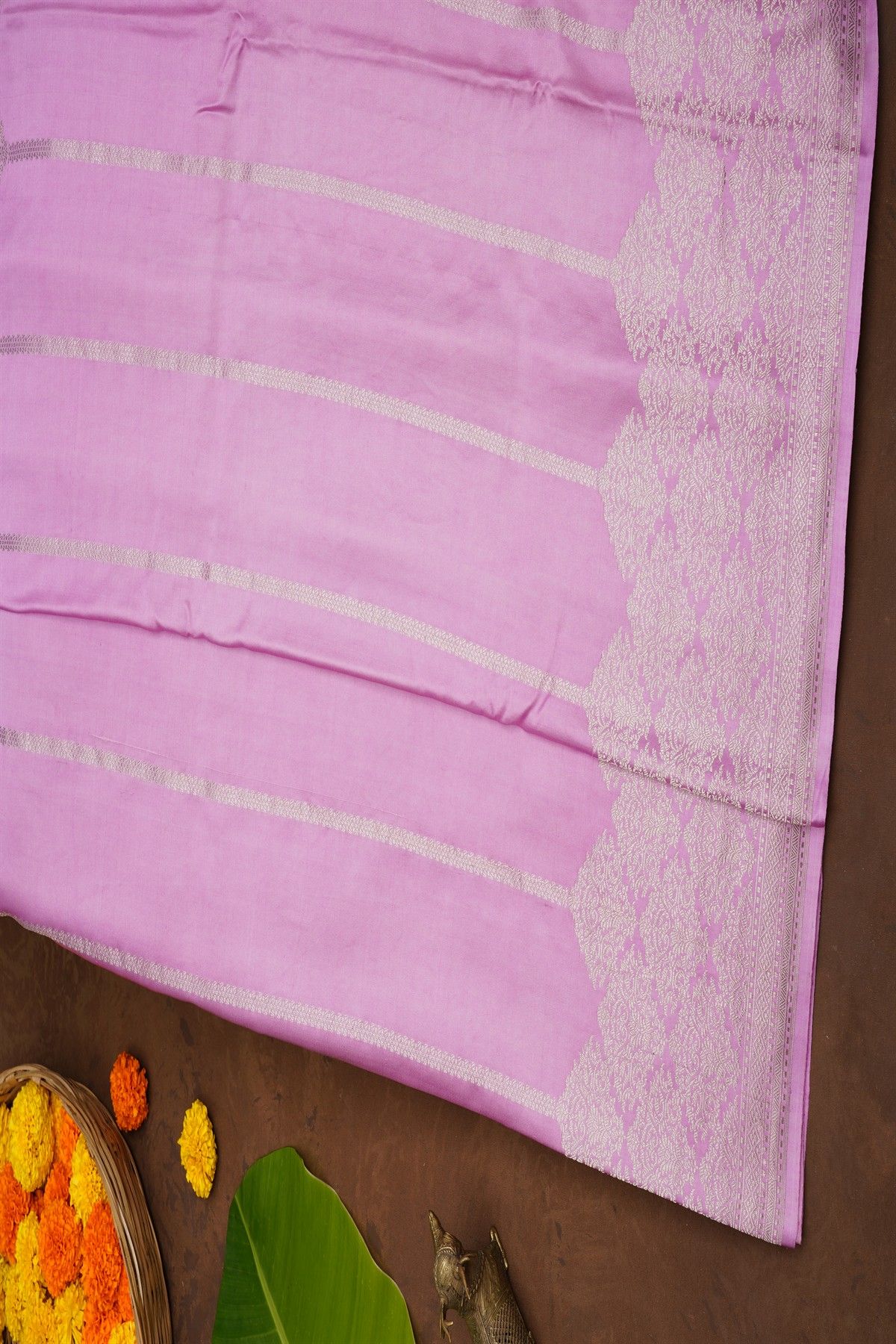 Banarasi Silk Lavender Saree With Zari Lines Body And Self Design Florals And Leaves With Diamonds Border