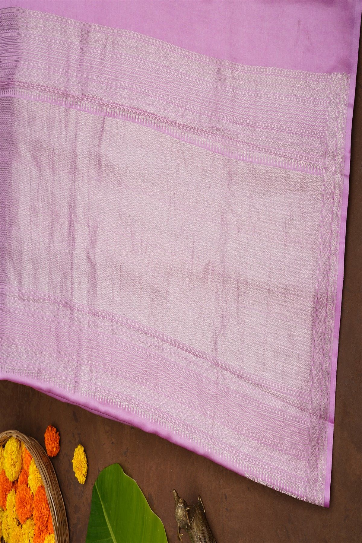 Banarasi Silk Lavender Saree With Zari Lines Body And Self Design Florals And Leaves With Diamonds Border