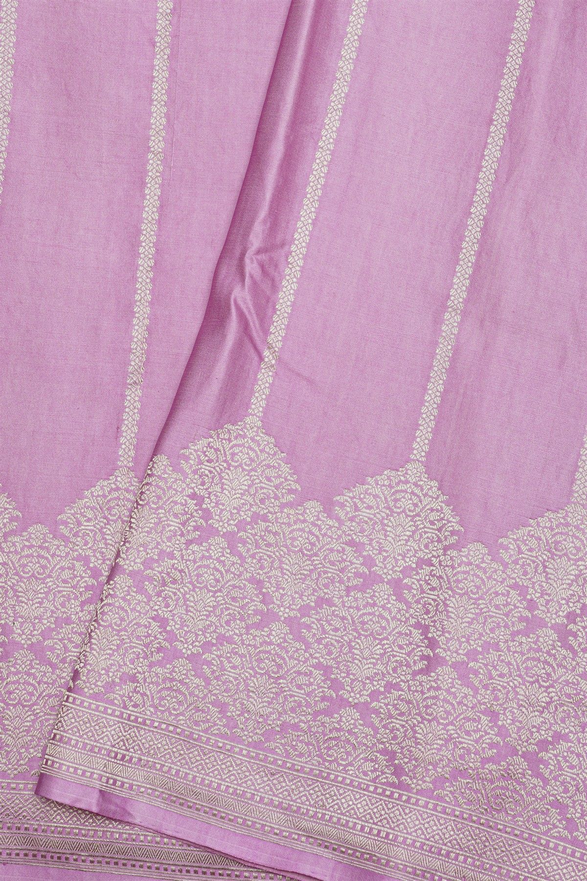 Banarasi Silk Lavender Saree With Zari Lines Body And Self Design Florals And Leaves With Diamonds Border