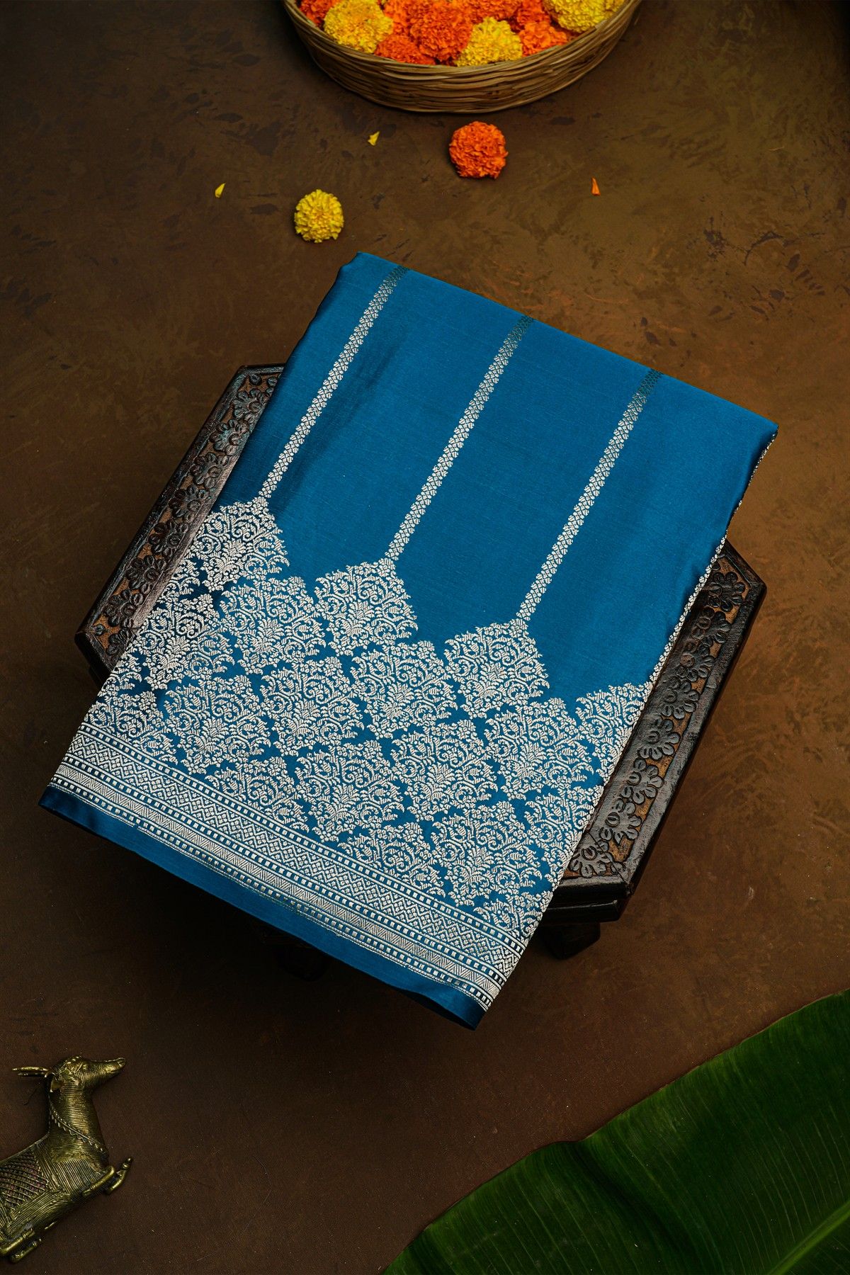 Banarasi Silk Royal Blue Saree With Zari Lines Body And Self Florals And Leaves Border