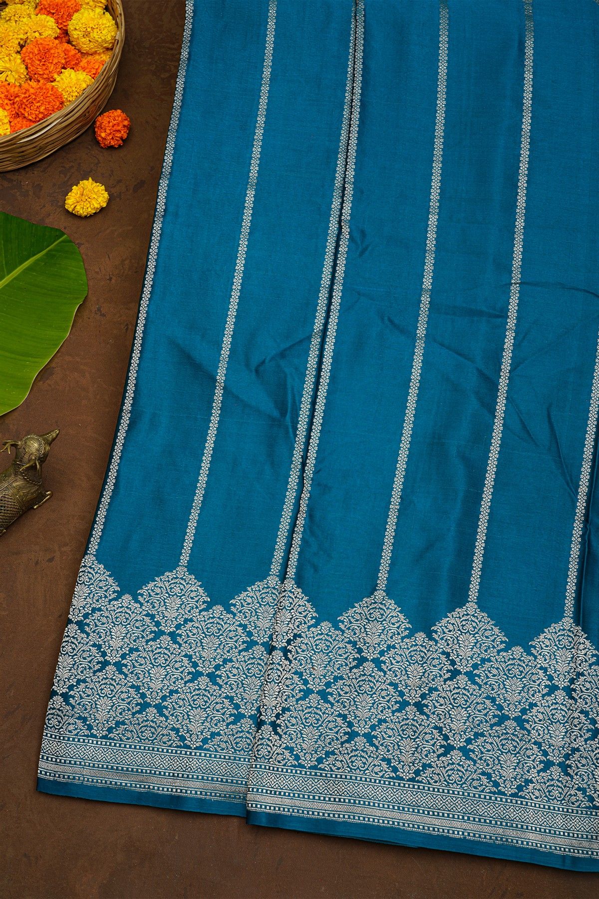 Banarasi Silk Royal Blue Saree With Zari Lines Body And Self Florals And Leaves Border
