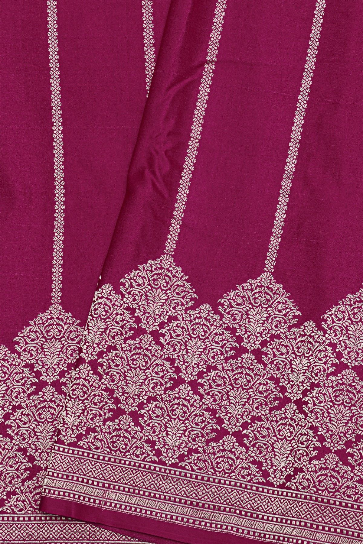 Banarasi Silk Rani Pink Saree With Florals And Leaves Body And Self Florals And Leaves Border