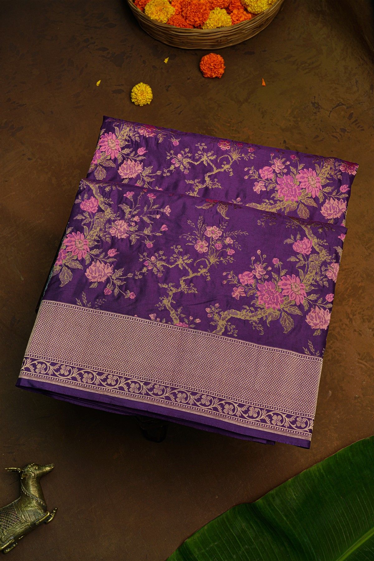 Banarasi Silk Purple Saree With Florals With Leaves Jaal Body And Self Diamonds In Zari Border