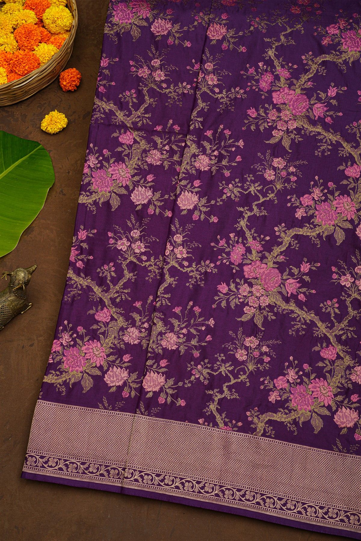 Banarasi Silk Purple Saree With Florals With Leaves Jaal Body And Self Diamonds In Zari Border