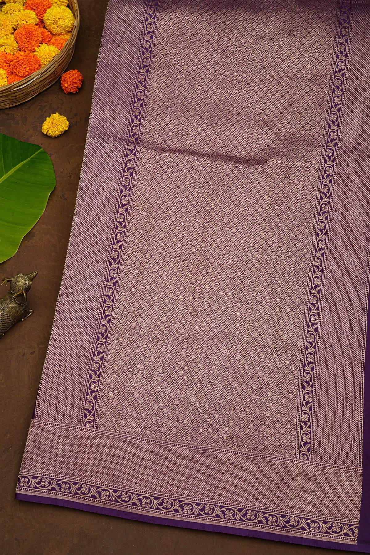 Banarasi Silk Purple Saree With Florals With Leaves Jaal Body And Self Diamonds In Zari Border