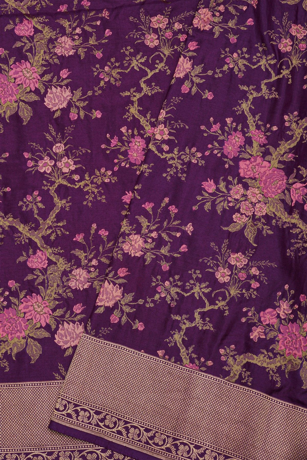 Banarasi Silk Purple Saree With Florals With Leaves Jaal Body And Self Diamonds In Zari Border
