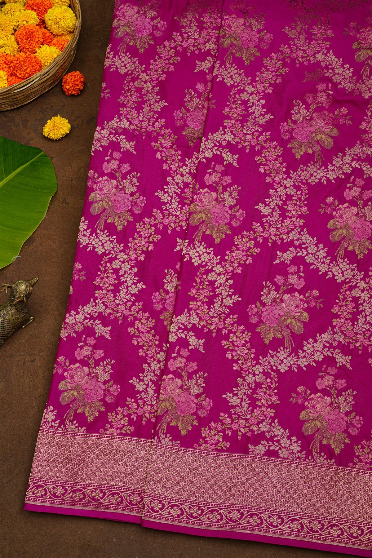 Banarasi Silk Purple Saree With Florals And Leaves Body And Self Florals And Leaves Jaal Border