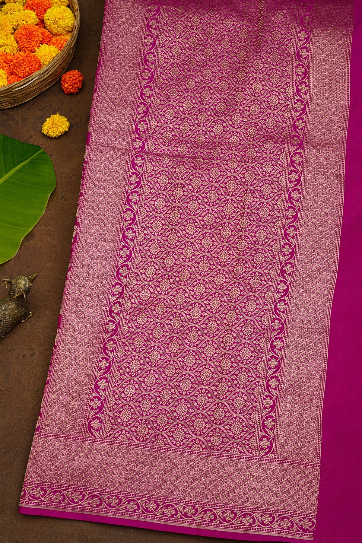 Banarasi Silk Purple Saree With Florals And Leaves Body And Self Florals And Leaves Jaal Border