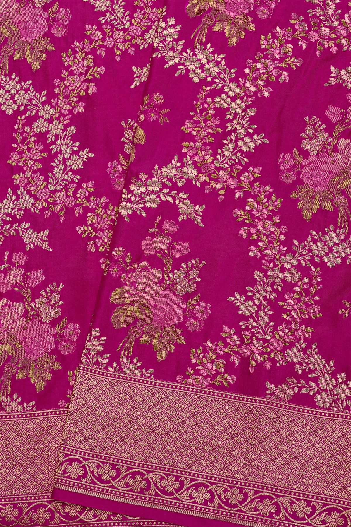 Banarasi Silk Purple Saree With Florals And Leaves Body And Self Florals And Leaves Jaal Border