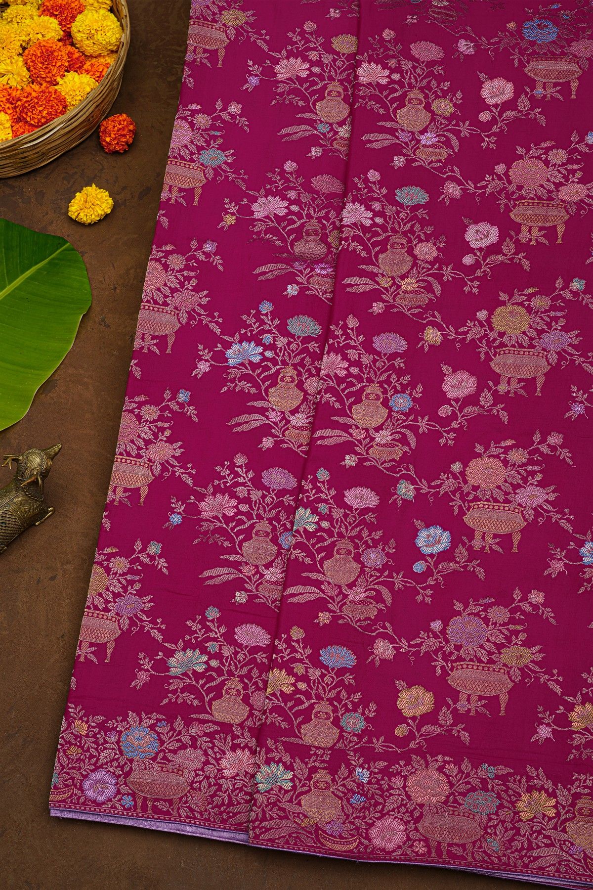 Banarasi Silk Jamdani Weaving Dark Pink Saree With Florals And Leaves Body And Self Florals And Leaves Border