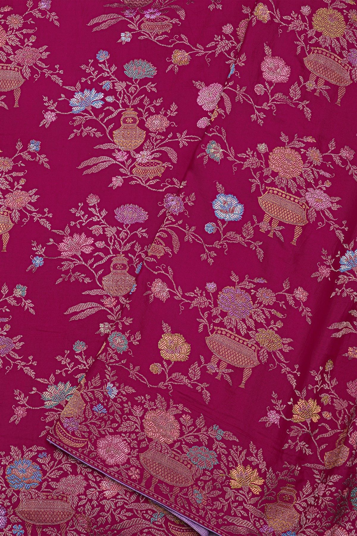 Banarasi Silk Jamdani Weaving Dark Pink Saree With Florals And Leaves Body And Self Florals And Leaves Border