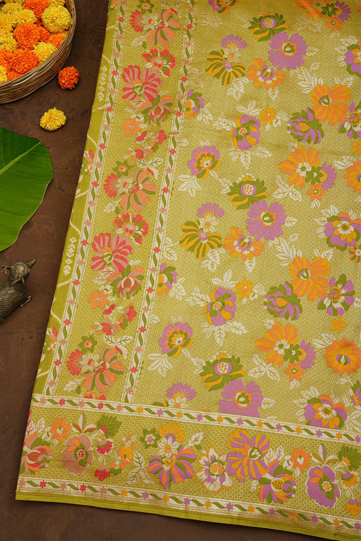 Banarasi Silk Parrot Green Saree With Florals And Leaves Body And Self Florals And Leaves Border