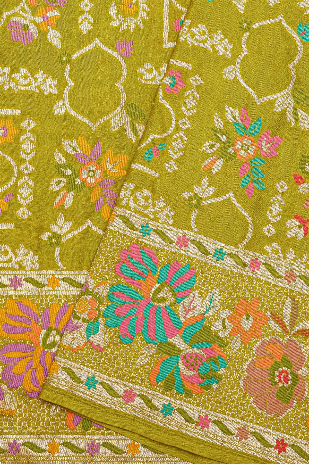 Banarasi Silk Parrot Green Saree With Florals And Leaves Body And Self Florals And Leaves Border
