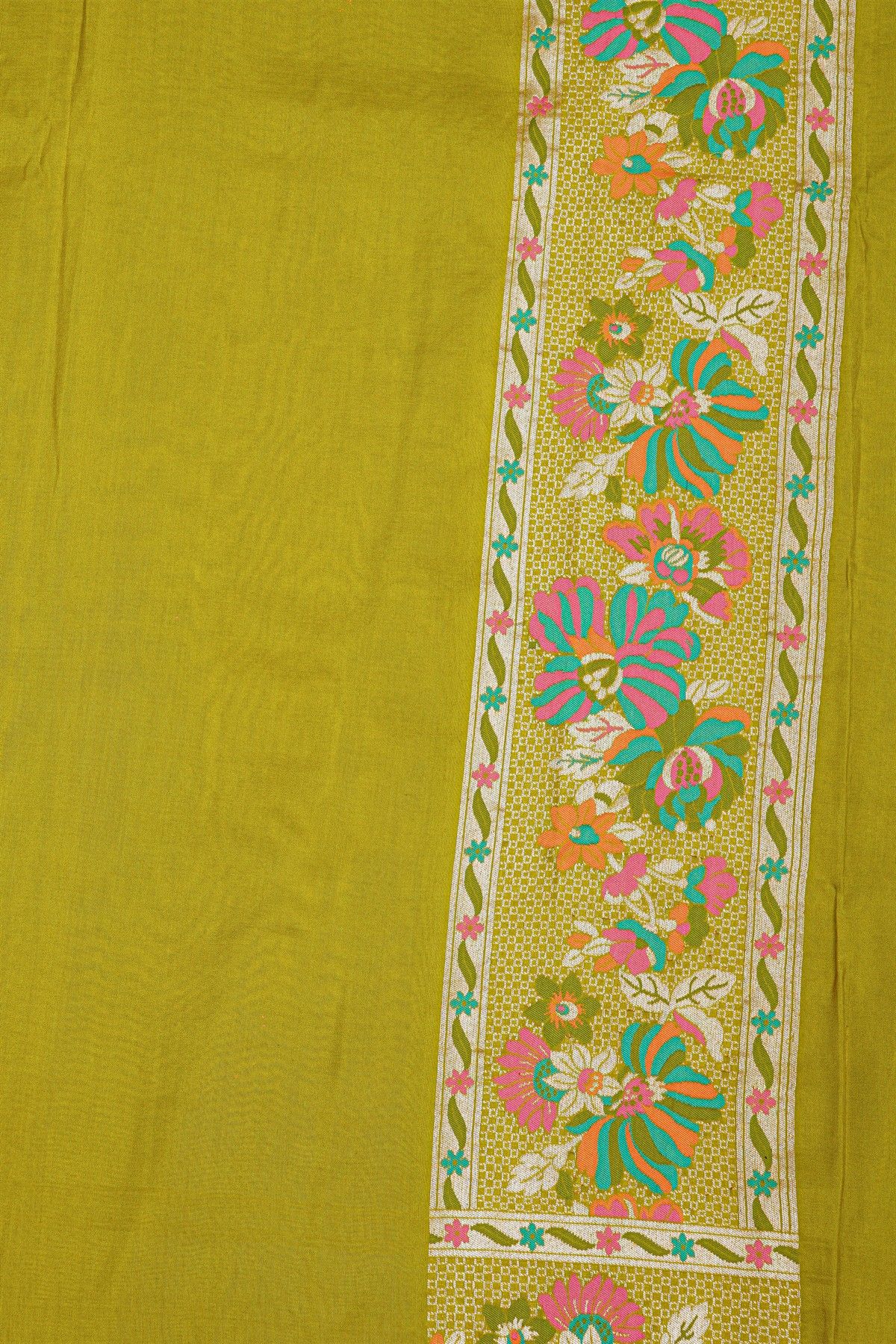 Banarasi Silk Parrot Green Saree With Florals And Leaves Body And Self Florals And Leaves Border