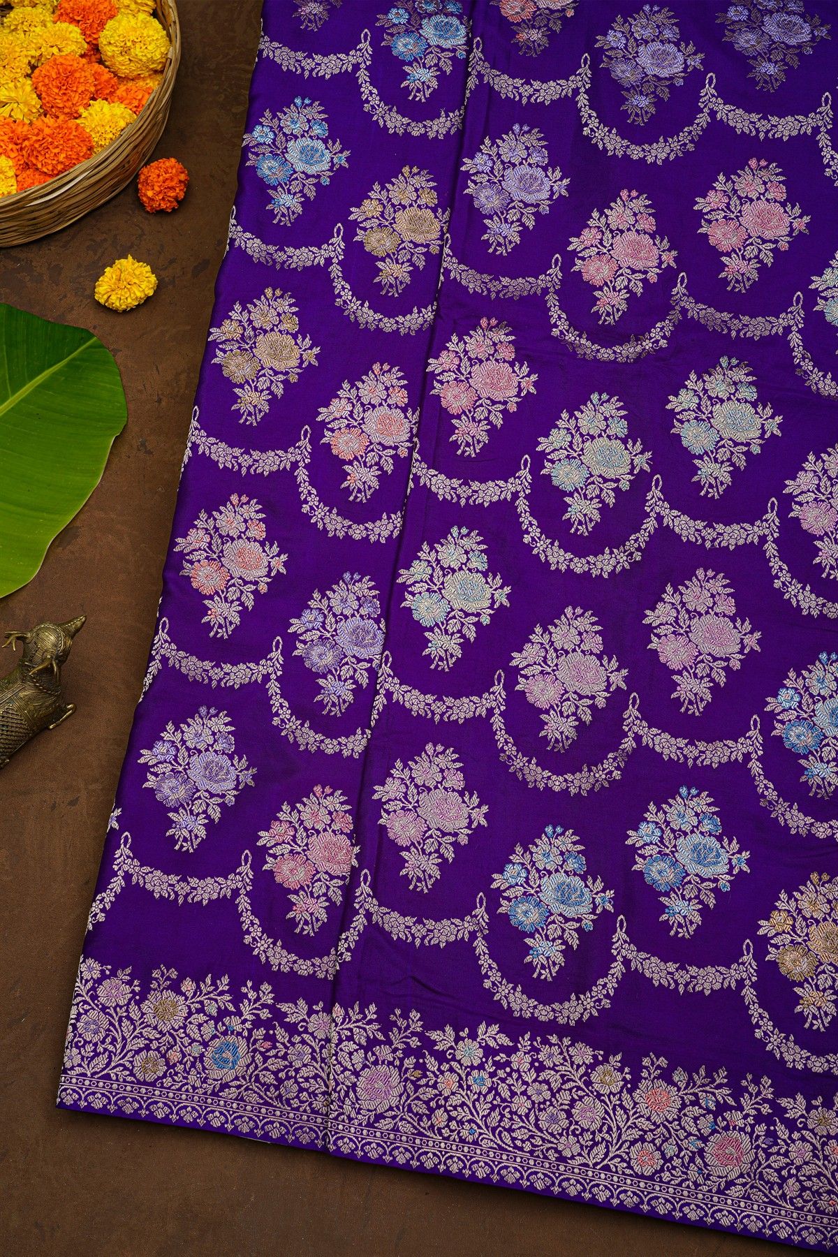 Banarasi Silk Purple Saree With Florals And Leaves In Zari Body And Self Design Florals And Leaves Jaal Border