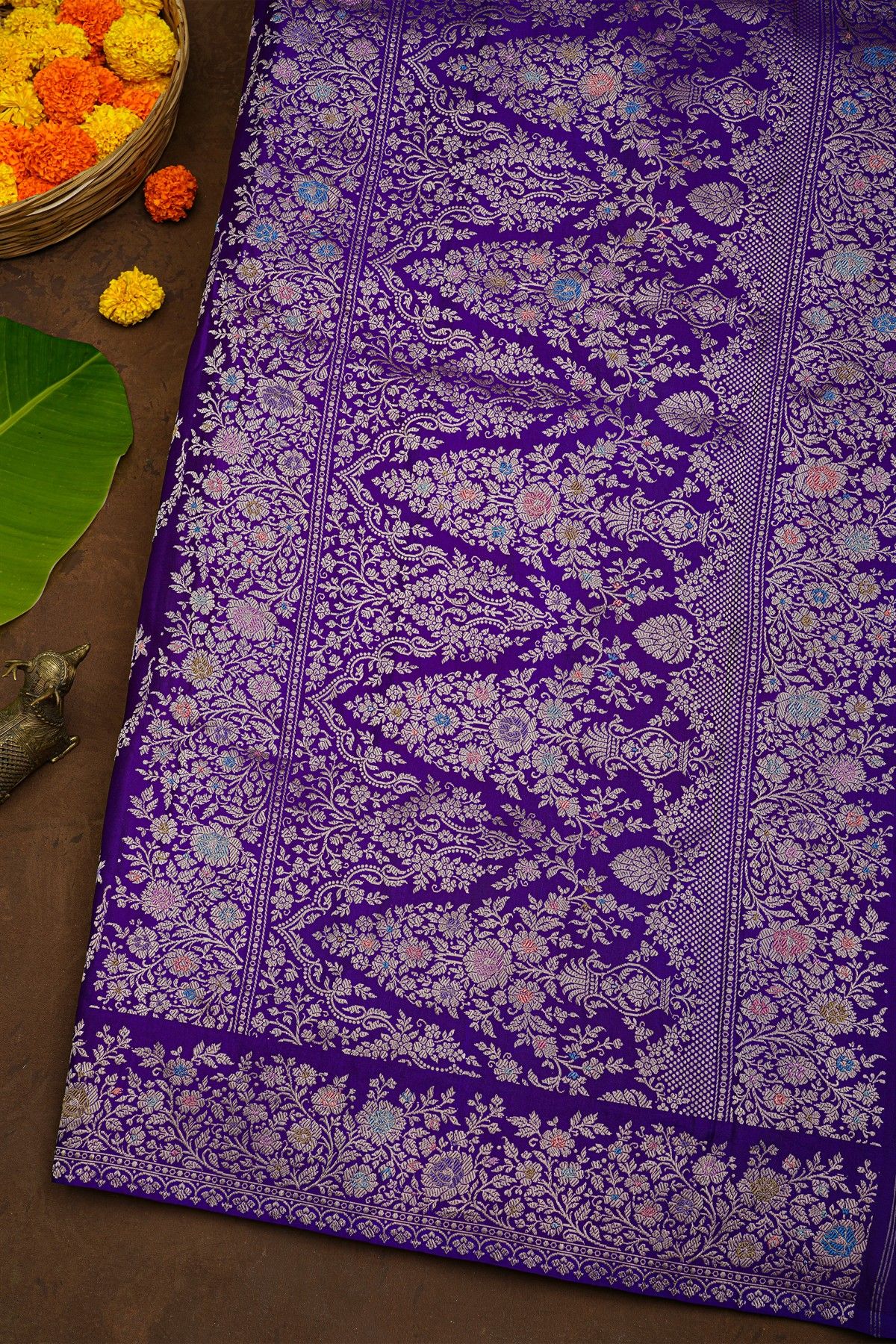 Banarasi Silk Purple Saree With Florals And Leaves In Zari Body And Self Design Florals And Leaves Jaal Border