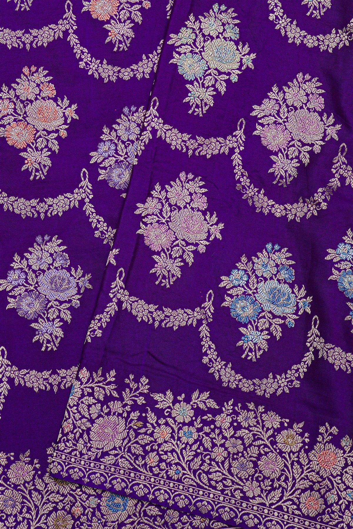 Banarasi Silk Purple Saree With Florals And Leaves In Zari Body And Self Design Florals And Leaves Jaal Border