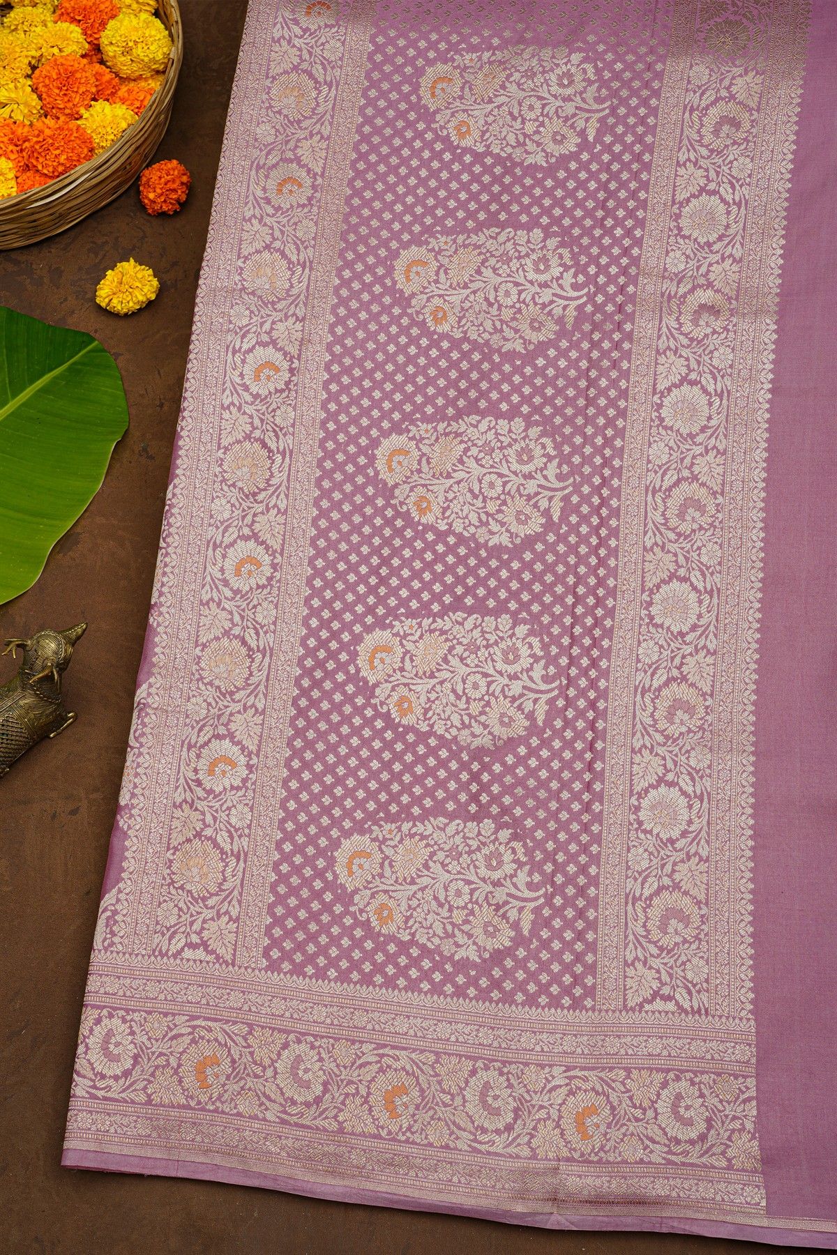 Banarasi Silk Onion Pink Saree With Florals And Buttis Body And Self Florals And Leaves Jaal Border