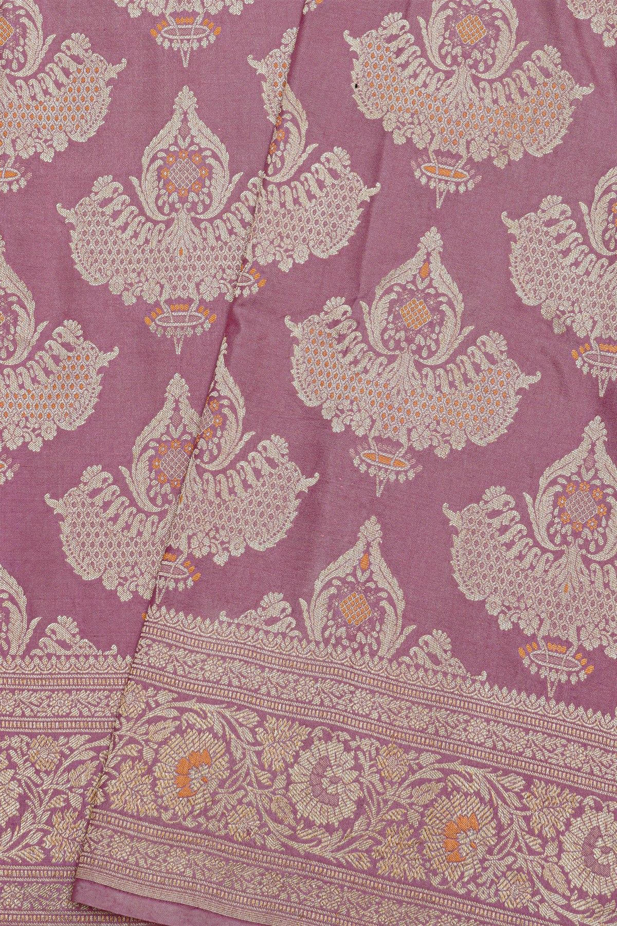 Banarasi Silk Onion Pink Saree With Florals And Buttis Body And Self Florals And Leaves Jaal Border