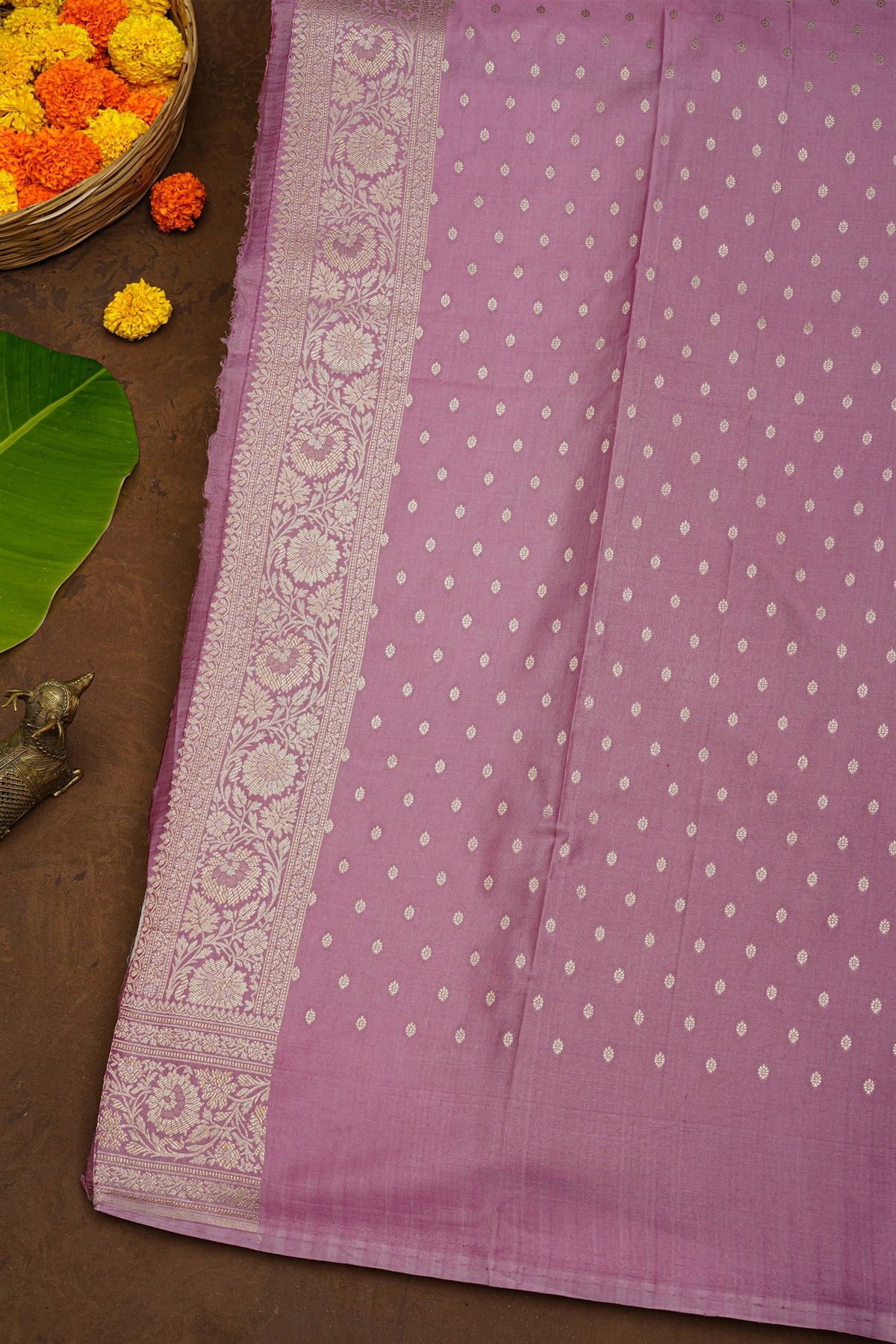 Banarasi Silk Onion Pink Saree With Florals And Buttis Body And Self Florals And Leaves Jaal Border