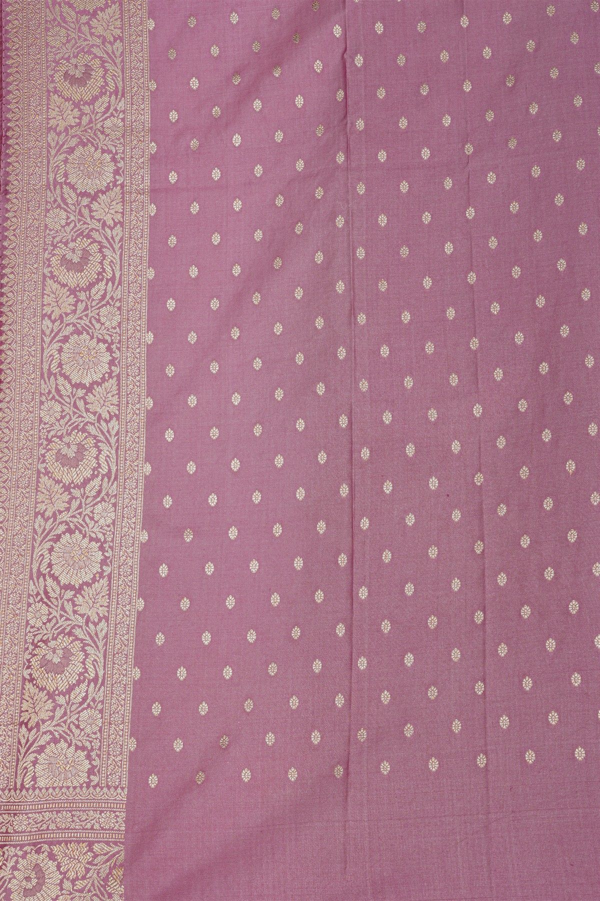 Banarasi Silk Onion Pink Saree With Florals And Buttis Body And Self Florals And Leaves Jaal Border