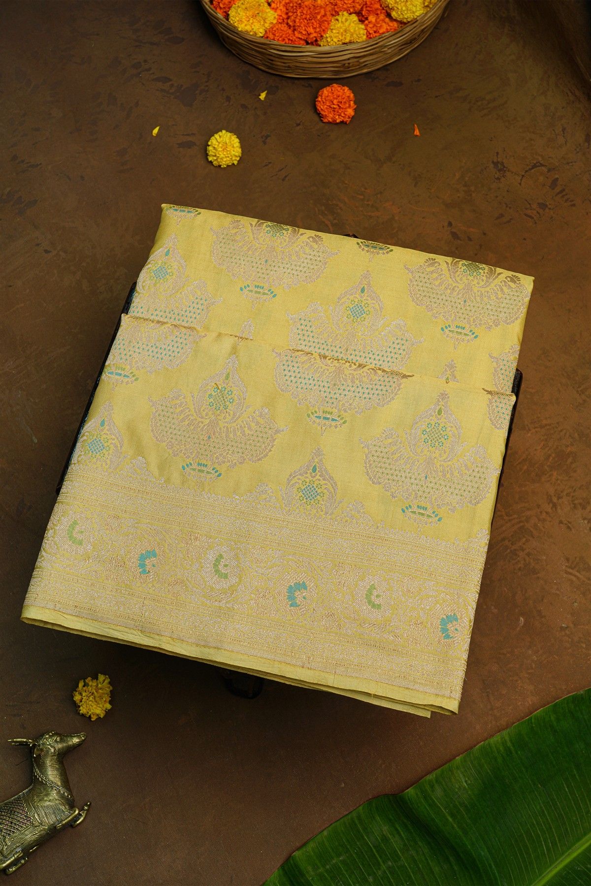Banarasi Silk Golden Yellow Saree With Florals And Buttis Body And Self Florals And Leaves Jaal Border