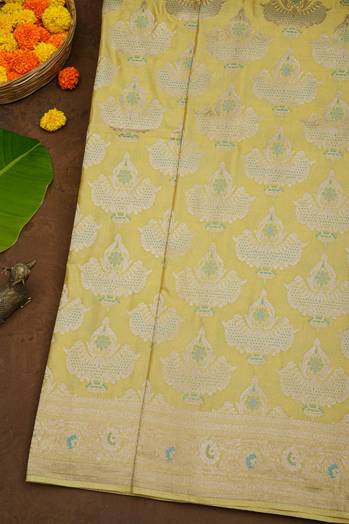Banarasi Silk Golden Yellow Saree With Florals And Buttis Body And Self Florals And Leaves Jaal Border