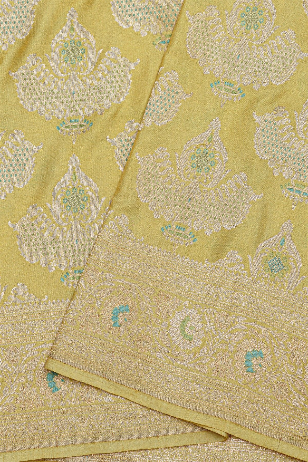 Banarasi Silk Golden Yellow Saree With Florals And Buttis Body And Self Florals And Leaves Jaal Border
