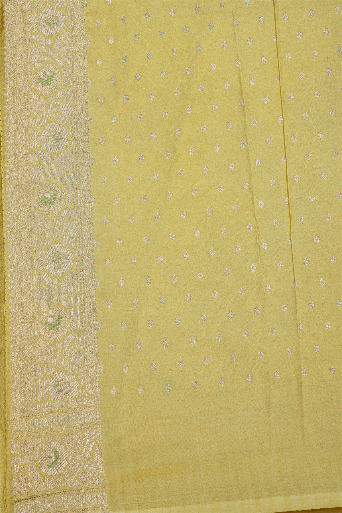 Banarasi Silk Golden Yellow Saree With Florals And Buttis Body And Self Florals And Leaves Jaal Border