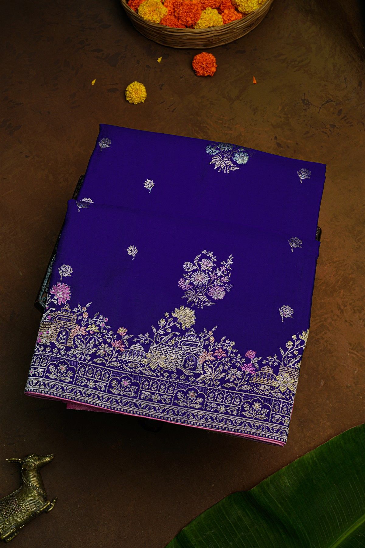 Banarasi Soft Silk Royal Blue Saree With Florals With Leaves Body And Self Florals And Leaves Border