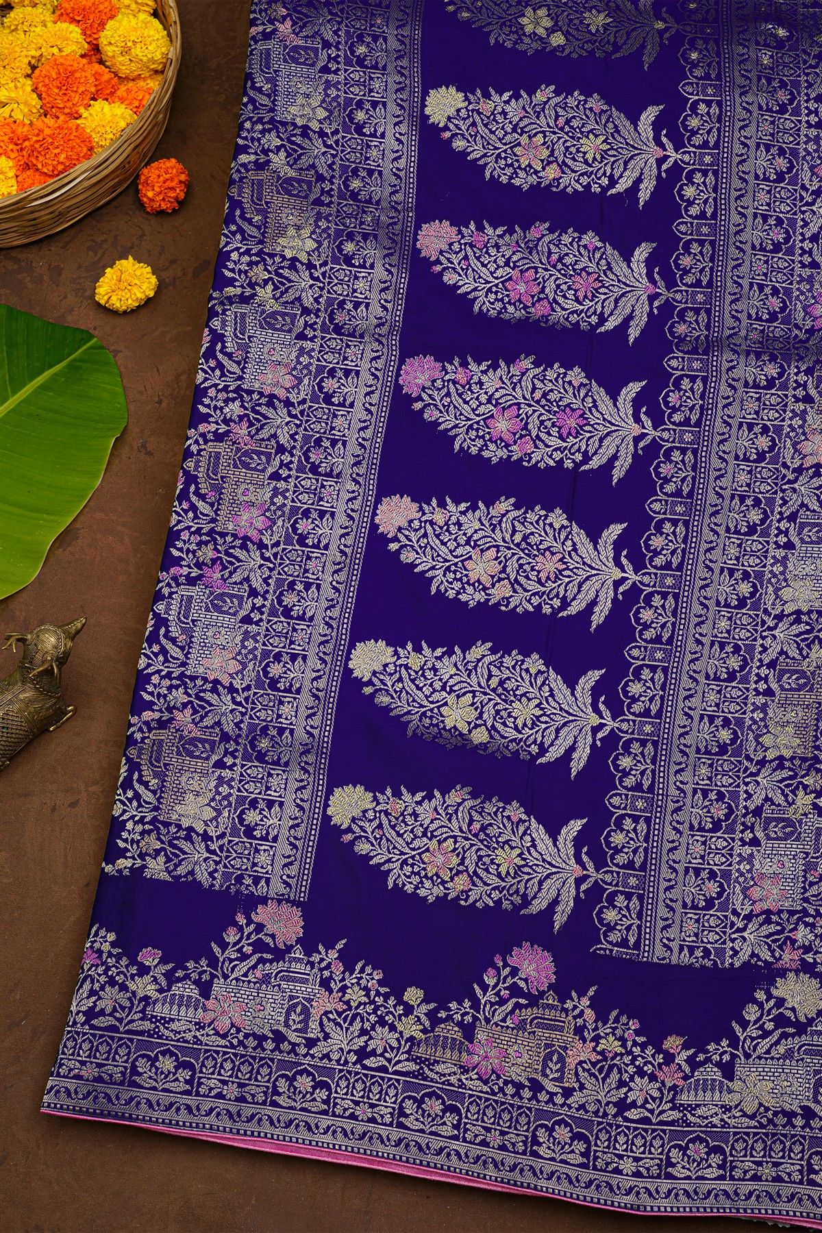 Banarasi Soft Silk Royal Blue Saree With Florals With Leaves Body And Self Florals And Leaves Border