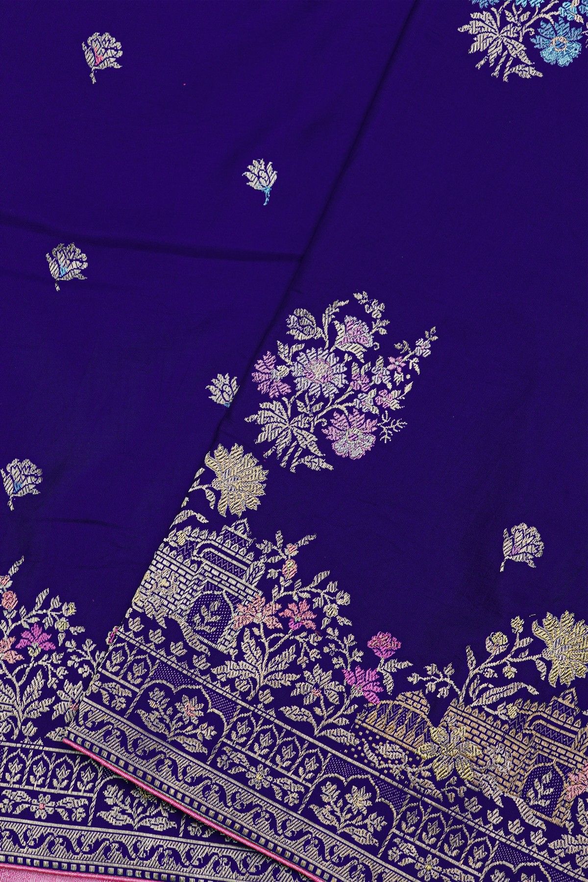 Banarasi Soft Silk Royal Blue Saree With Florals With Leaves Body And Self Florals And Leaves Border