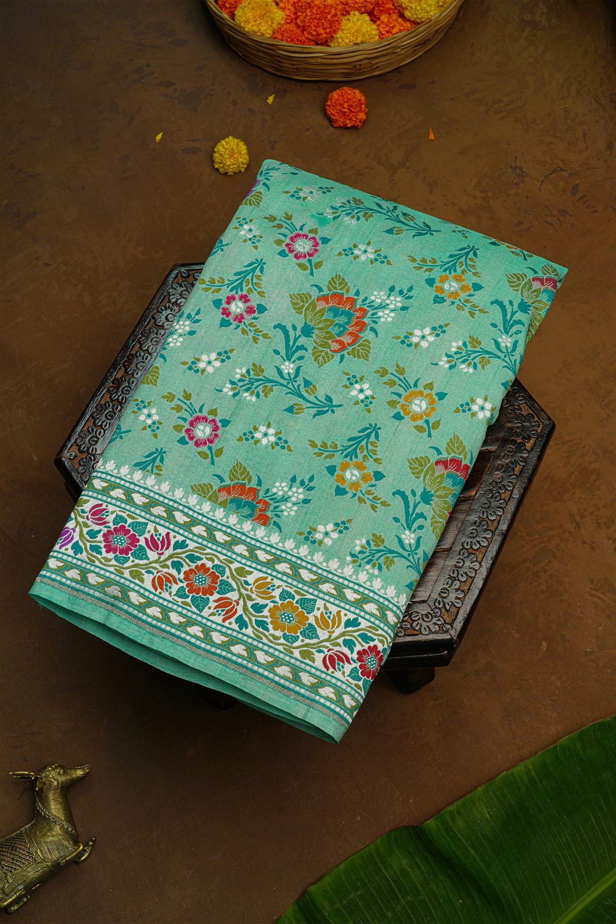 Banarasi Silk Light Green Saree With Florals And Leaves Body And Self Florals And Leaves Jaal Border
