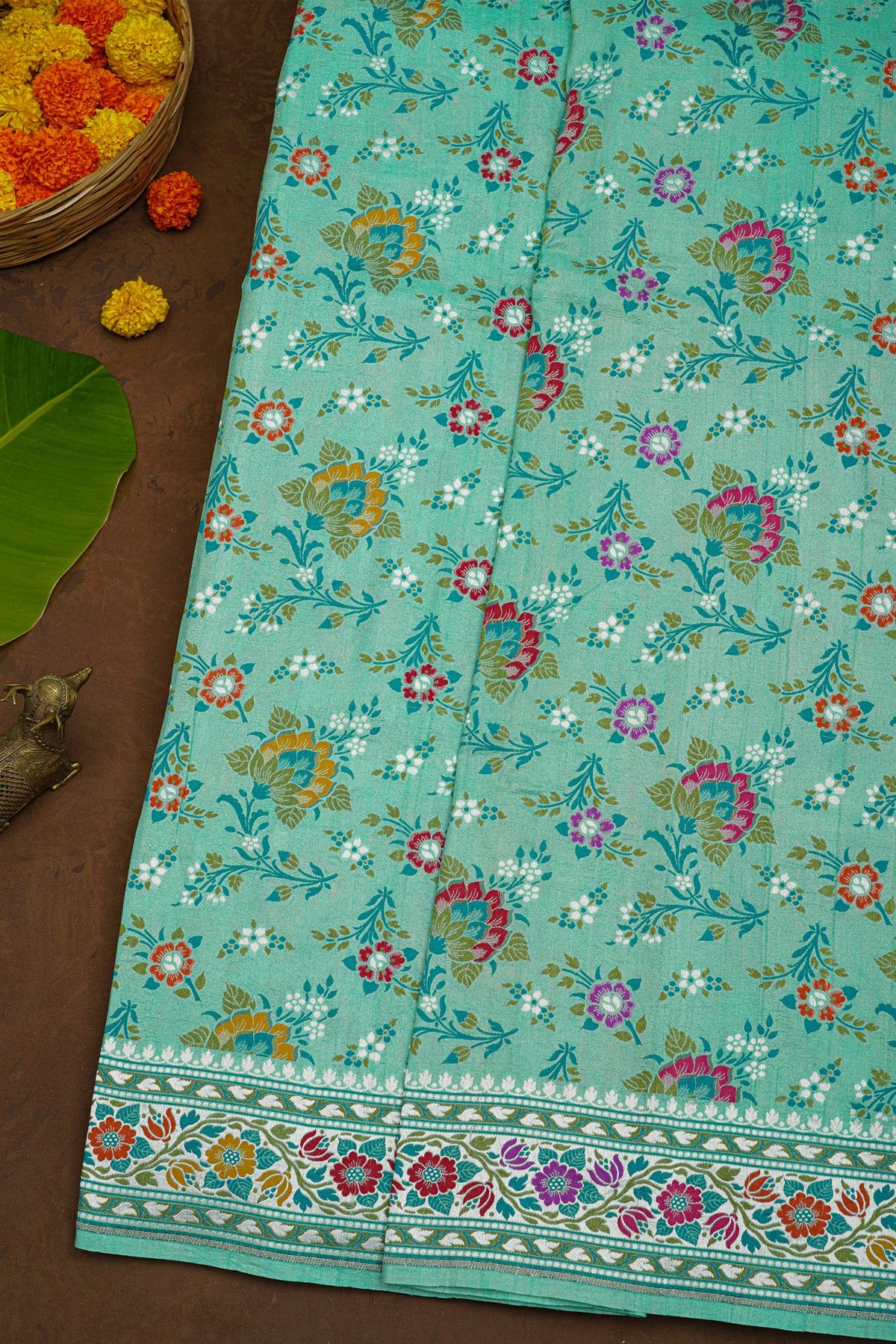 Banarasi Silk Light Green Saree With Florals And Leaves Body And Self Florals And Leaves Jaal Border