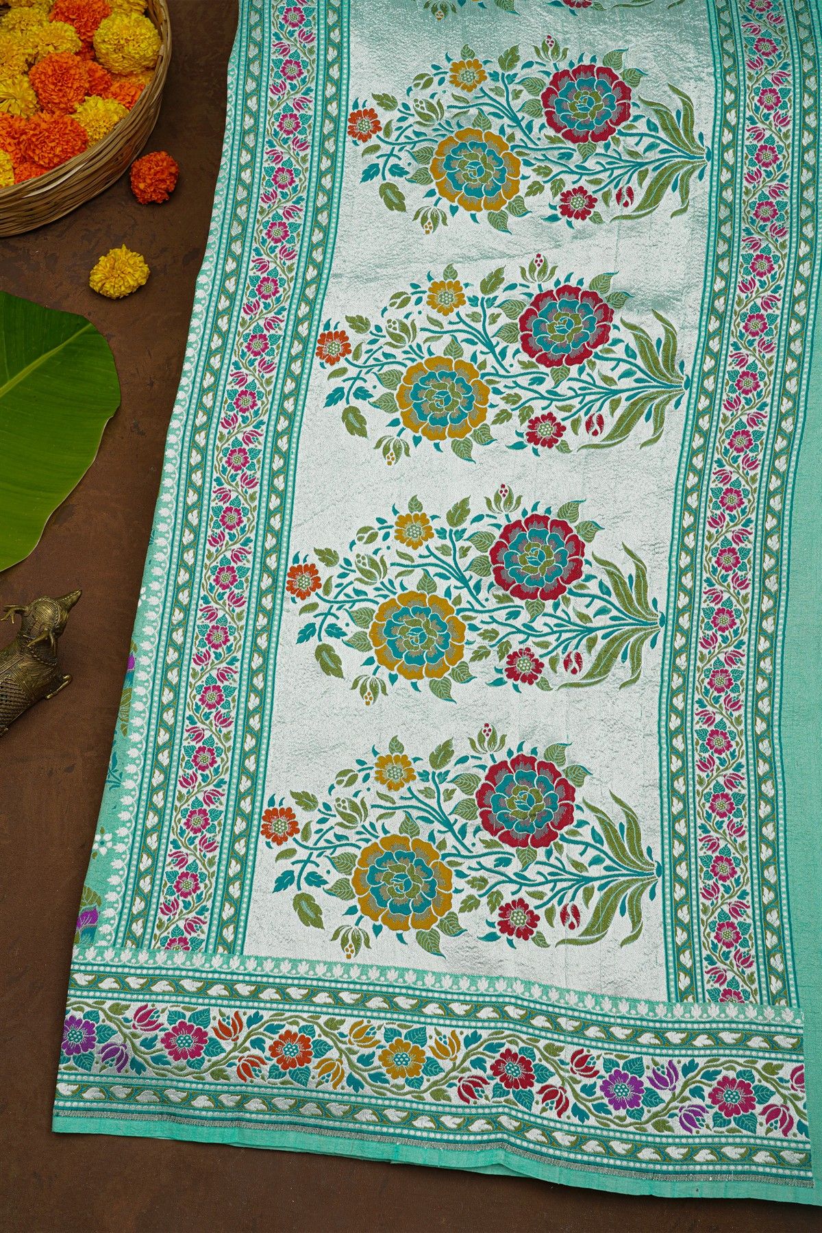 Banarasi Silk Light Green Saree With Florals And Leaves Body And Self Florals And Leaves Jaal Border