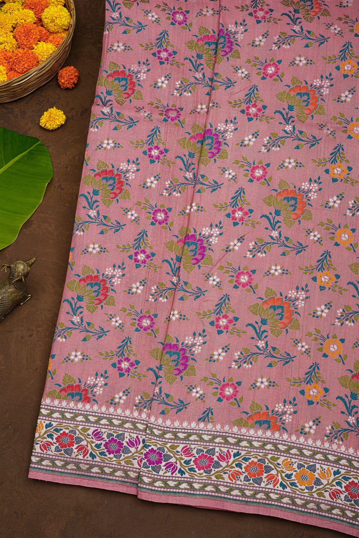 Banarasi Silk Rose Pink Saree With Florals And Leaves Body And Self Florals And Leaves Jaal Border