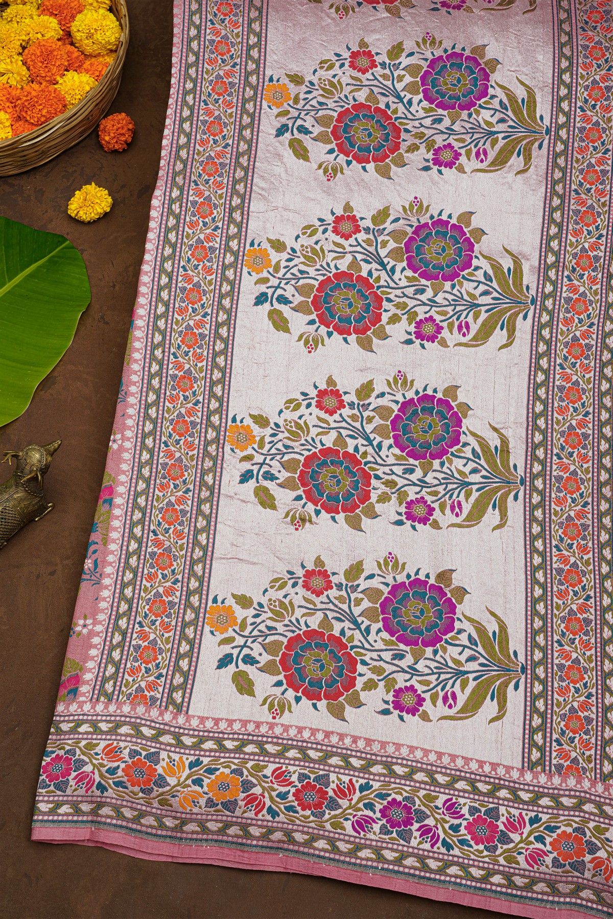 Banarasi Silk Rose Pink Saree With Florals And Leaves Body And Self Florals And Leaves Jaal Border