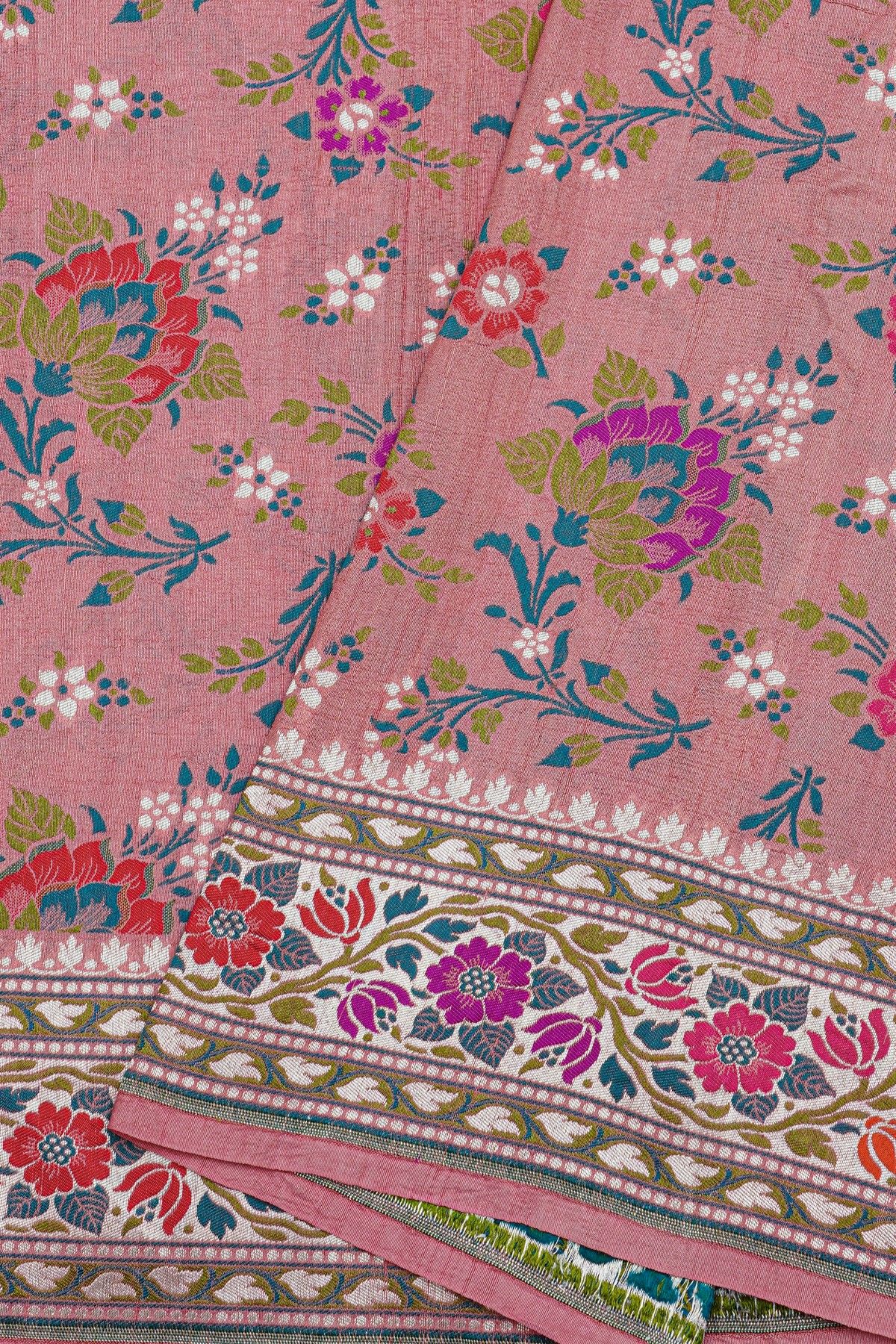 Banarasi Silk Rose Pink Saree With Florals And Leaves Body And Self Florals And Leaves Jaal Border