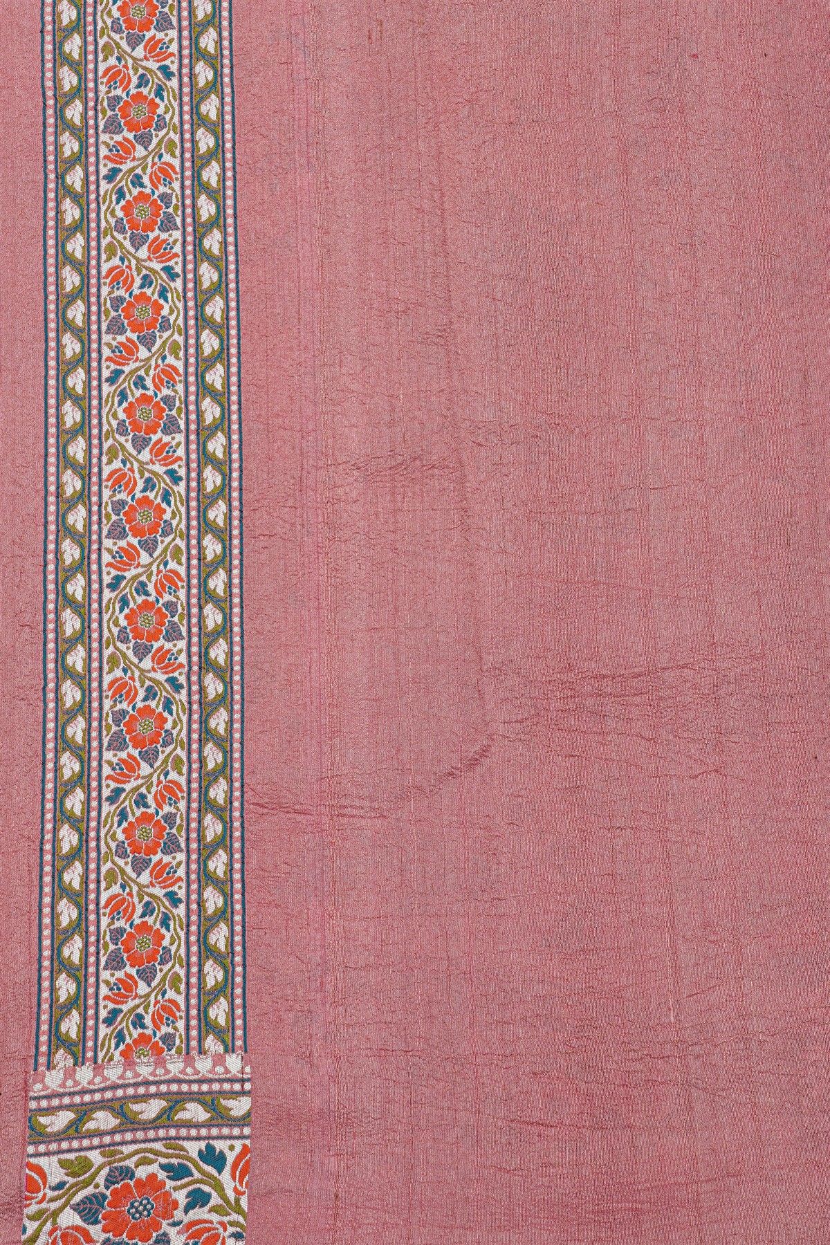 Banarasi Silk Rose Pink Saree With Florals And Leaves Body And Self Florals And Leaves Jaal Border
