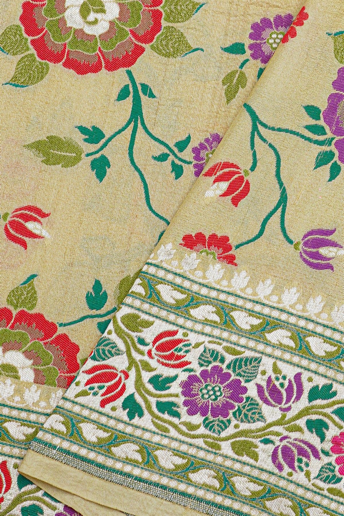 Banarasi Silk Cream Saree With Florals With Leaves Jaal Body And Self Florals And Leaves Jaal Border