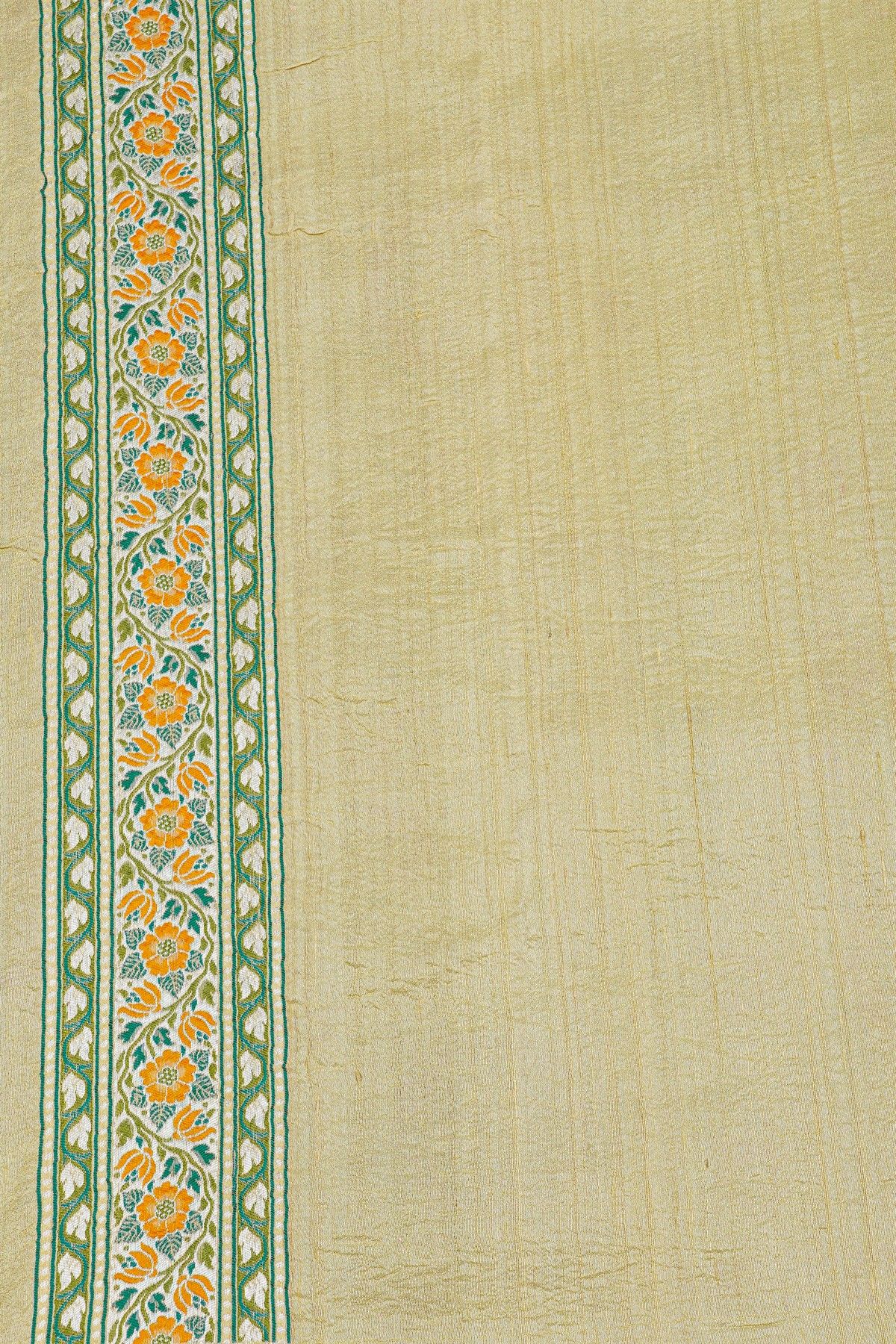 Banarasi Silk Cream Saree With Florals With Leaves Jaal Body And Self Florals And Leaves Jaal Border